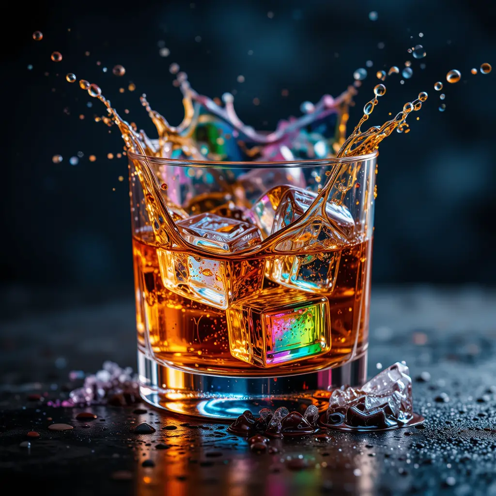 Splash colorato di drink in un bicchiere da whisky in primo piano