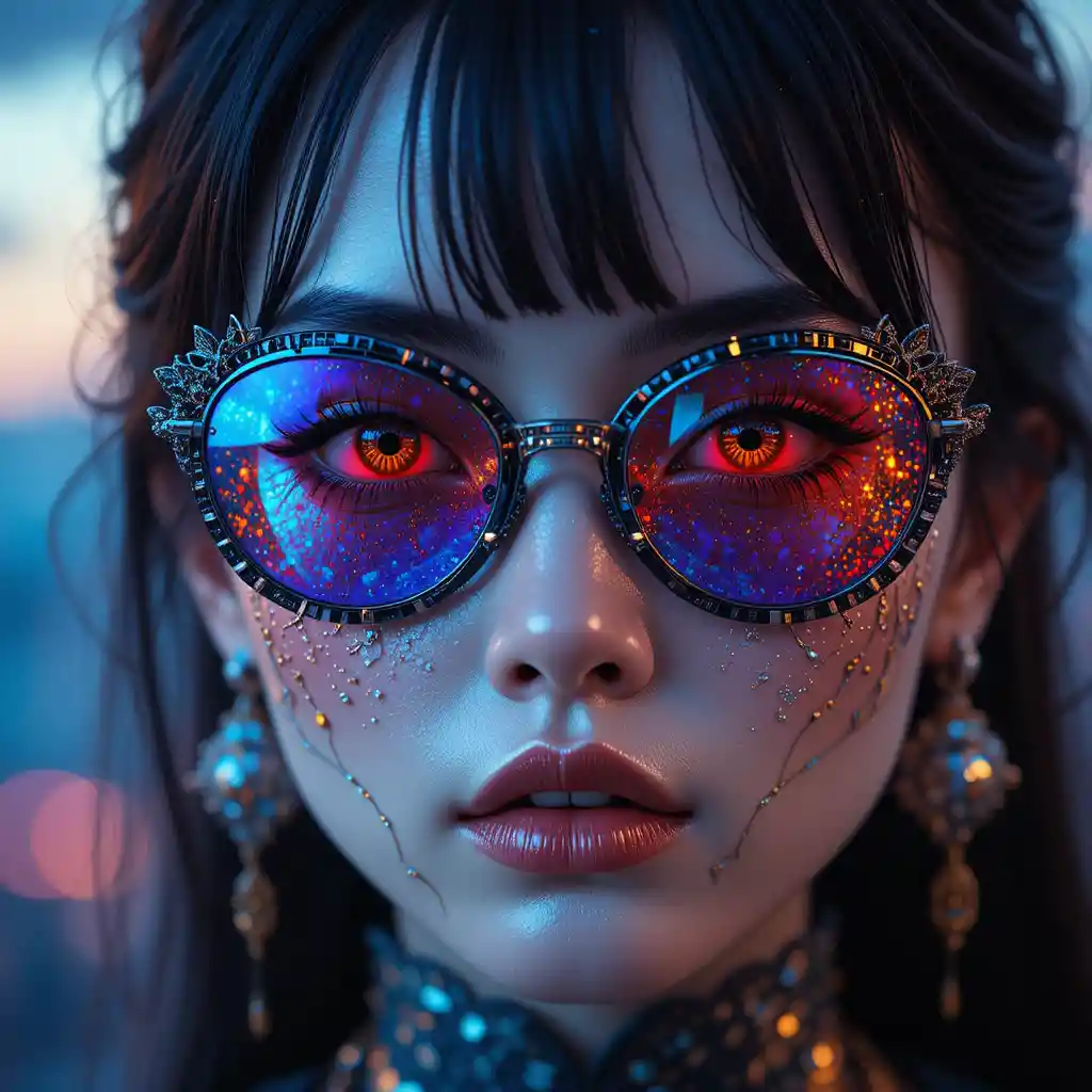 Japanese woman with metallic makeup and prismatic sunglasses