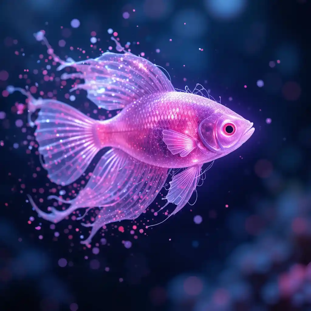 Glowing betta fish dissolving into soft pastel particles