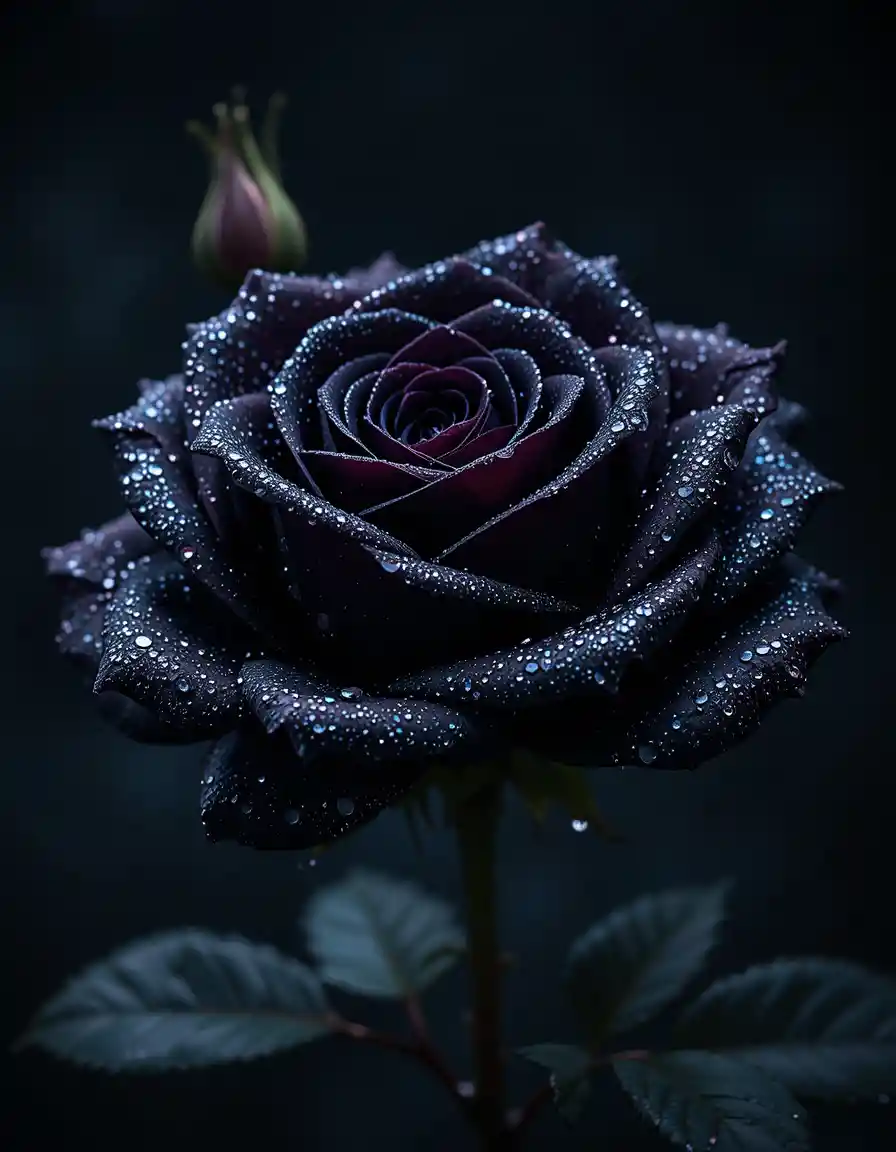 Nahaufnahme einer schwarzen Rose mit schimmernden Wassertropfen