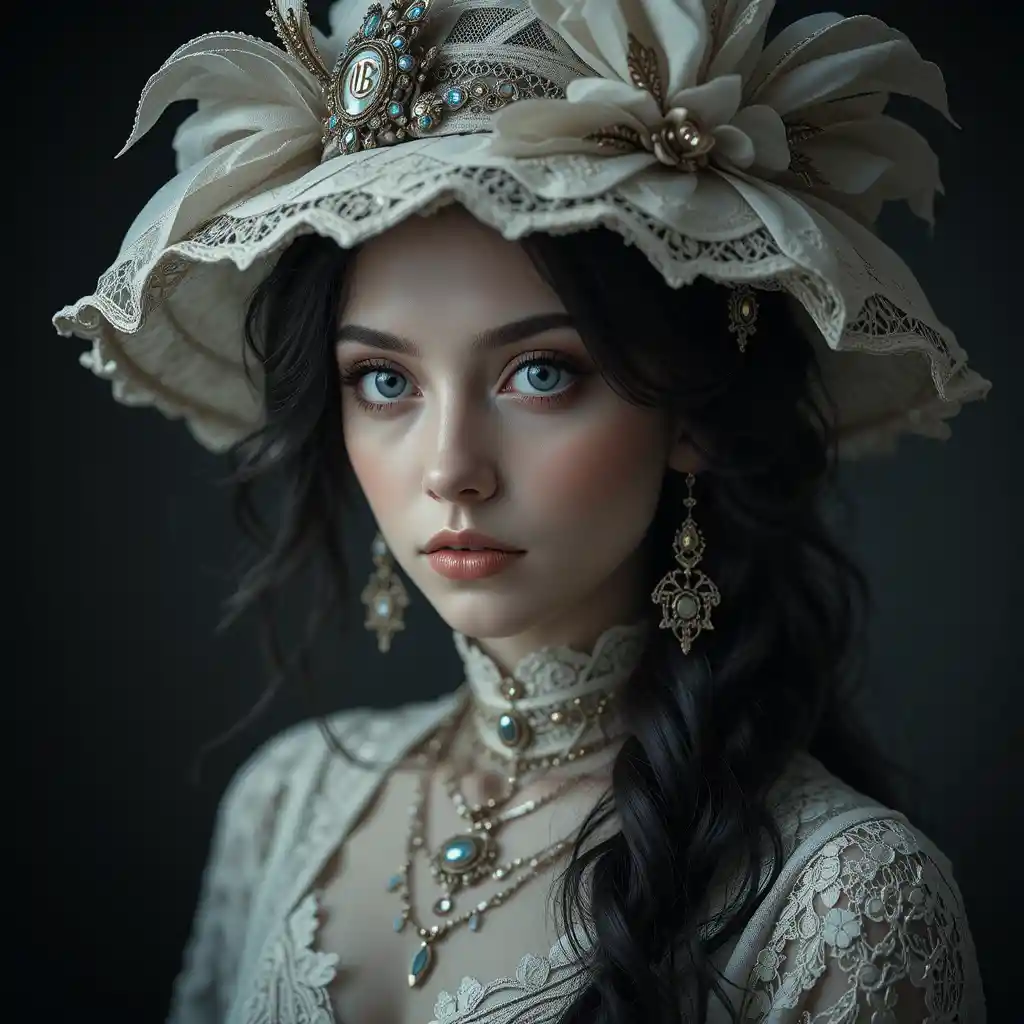 Victorian woman portrait with lace hat and blue eyes