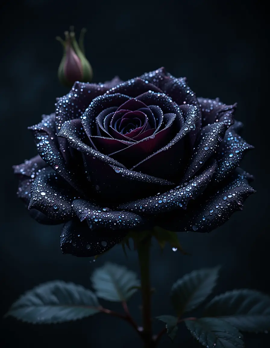 Close up black rose with shimmering water droplets