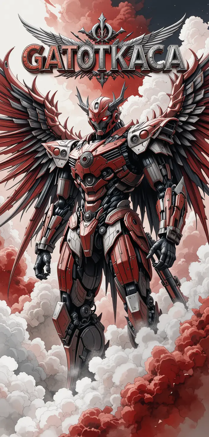 Colossal mecha hero with mechanical wings in red cloud sky