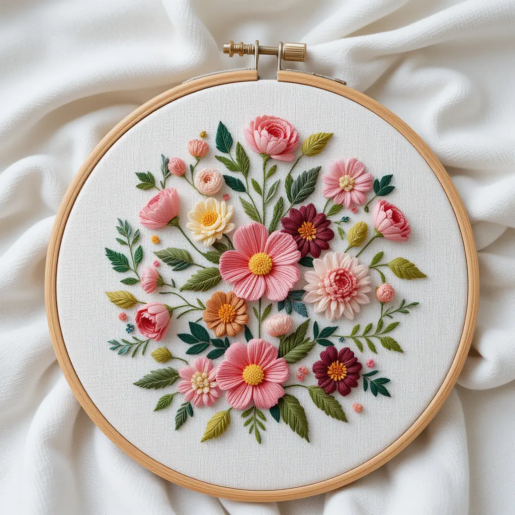 Wooden embroidery hoop with colorful floral pattern on fabric