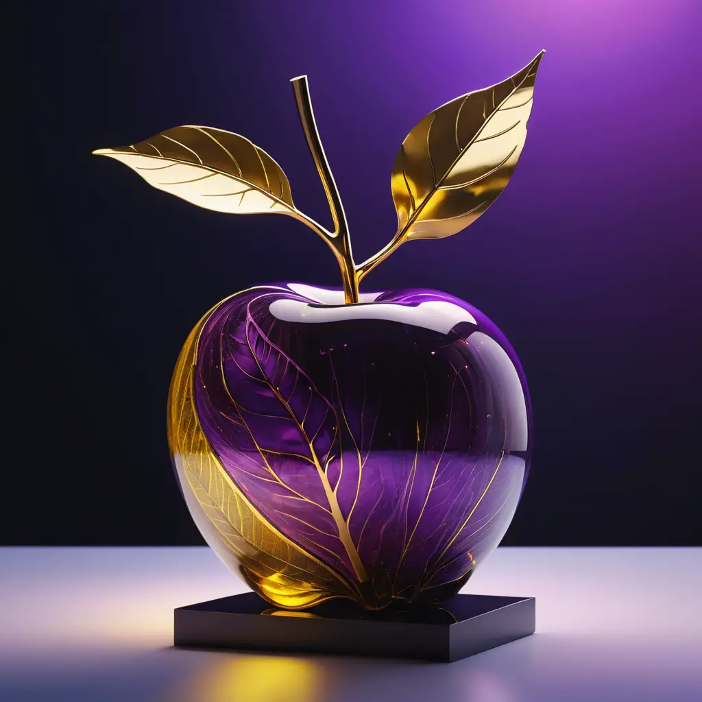 Glowing Glass Apple With Metallic Stem In Dark Abstract Space