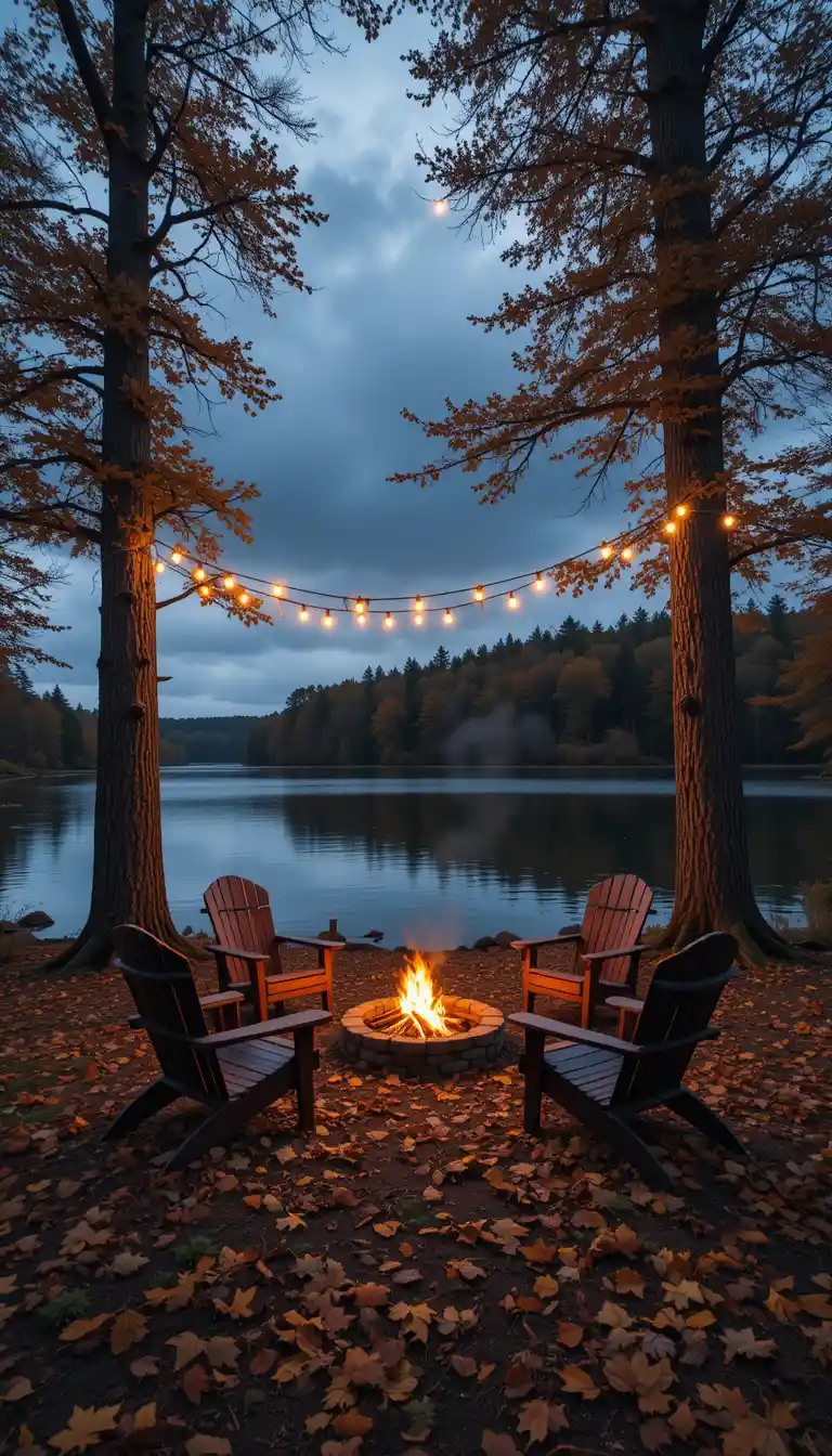 Feu de camp chaleureux au bord d’un lac paisible au crépuscule d’automne