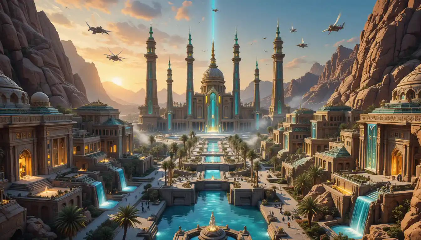 Aerial manga city carved into a futuristic mountain