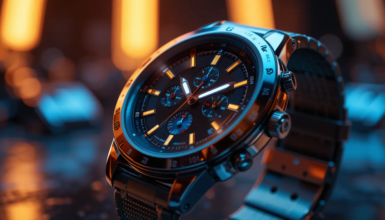 Futuristic metallic smartwatch in warm studio close up