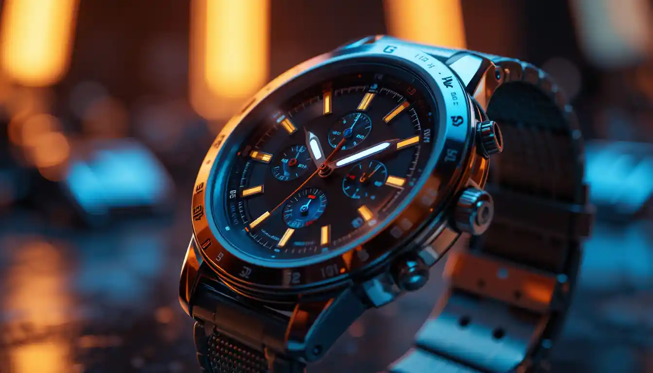 Smartwatch metallico futuristico in primo piano in uno studio dalla luce calda