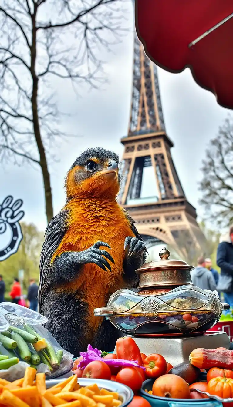 Golden cat cooking with vegetables near the Eiffel Tower