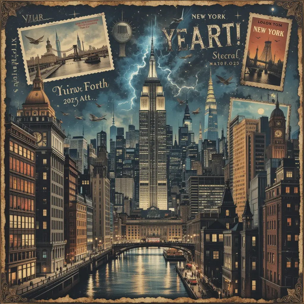 Vintage collage of New York travel postcards at night