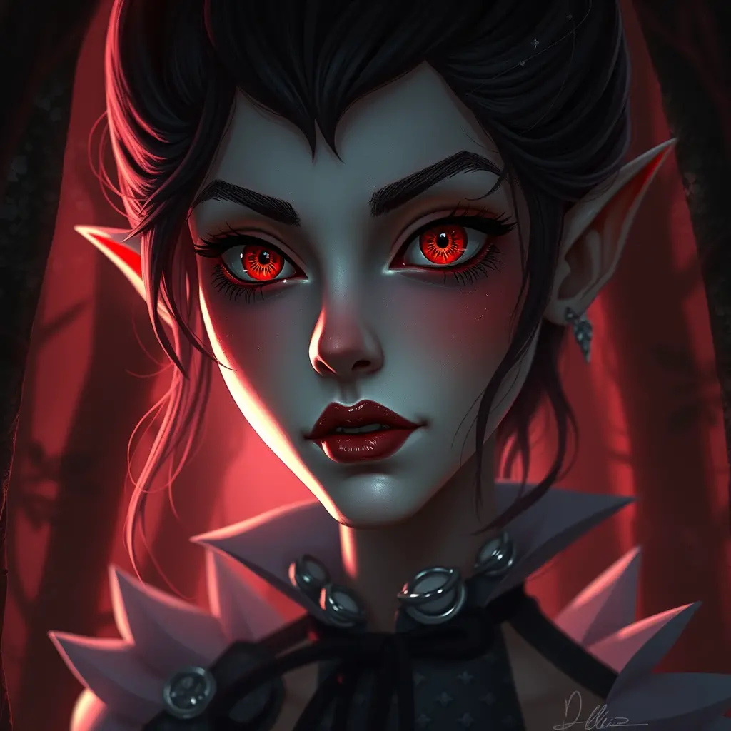 Elegant vampire woman standing in a mysterious forest