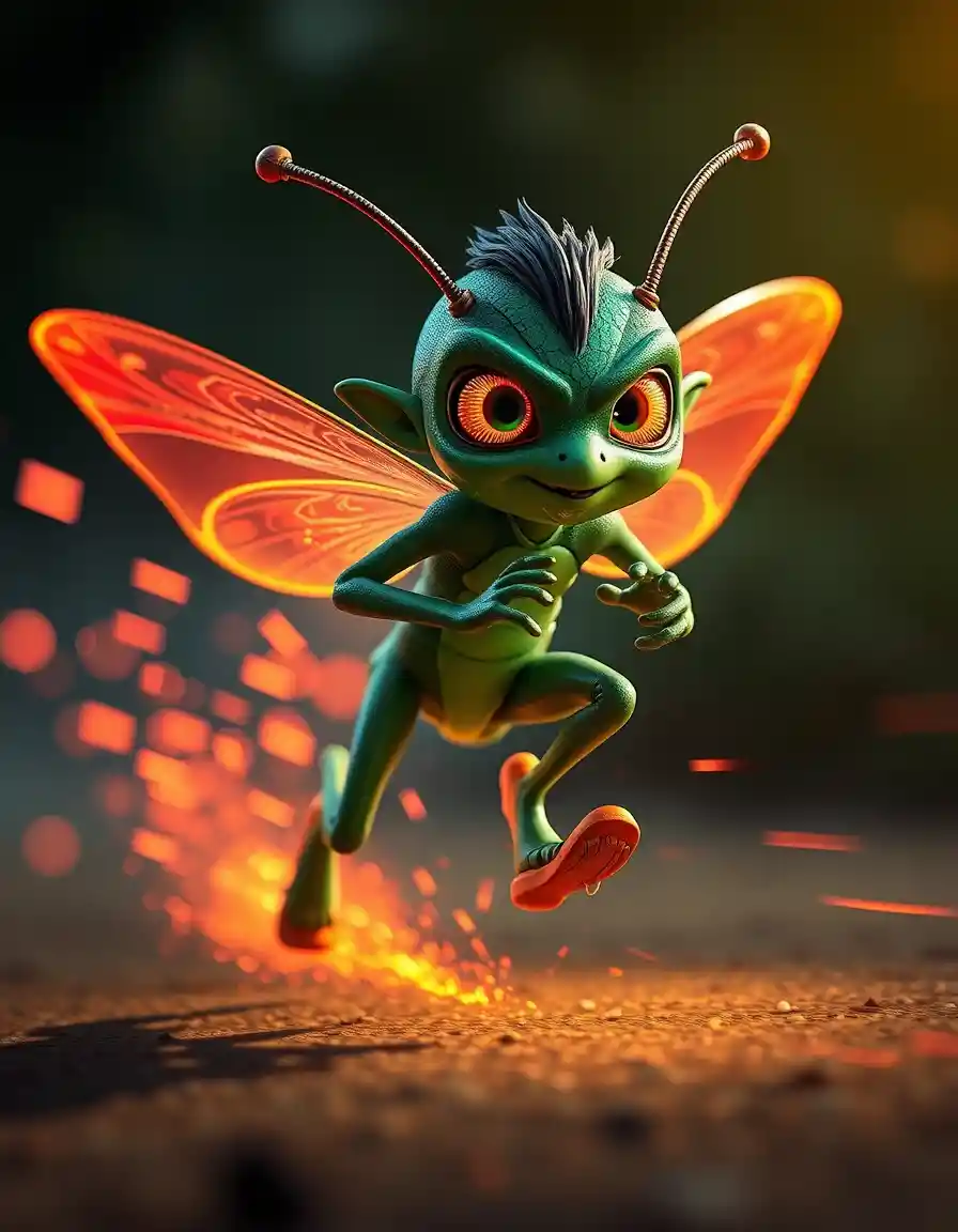Emerald insect speed demon racing through twilight