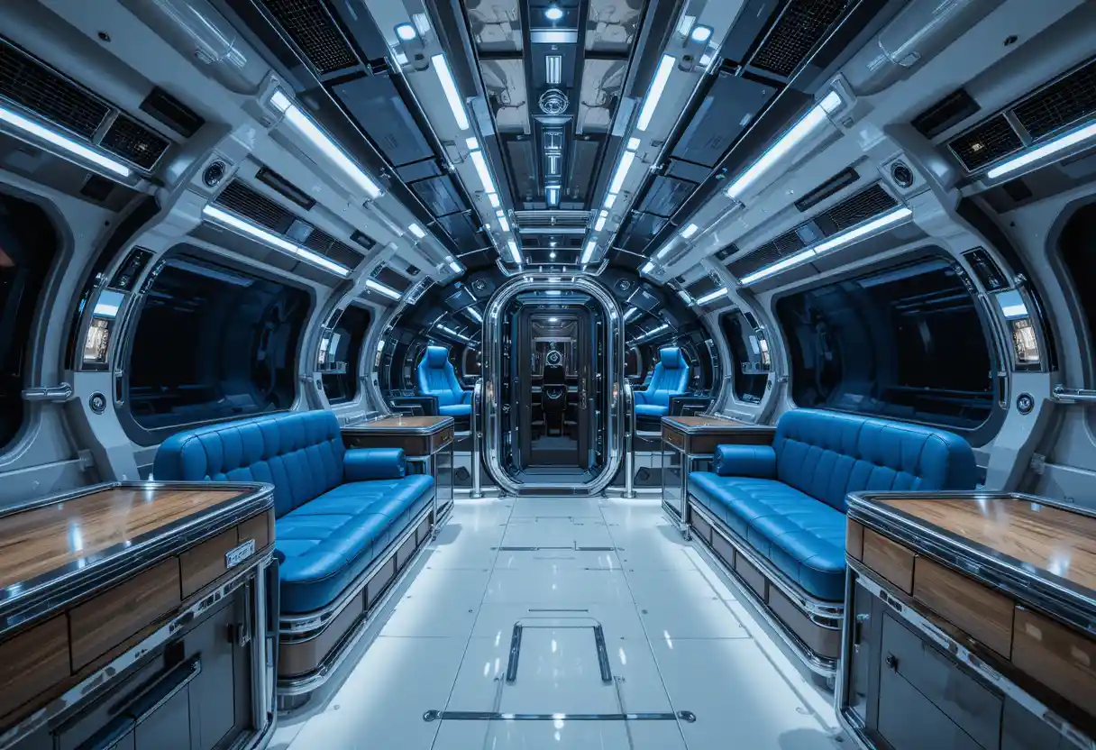 Futuristic spaceship cabin with blue seats and wood details