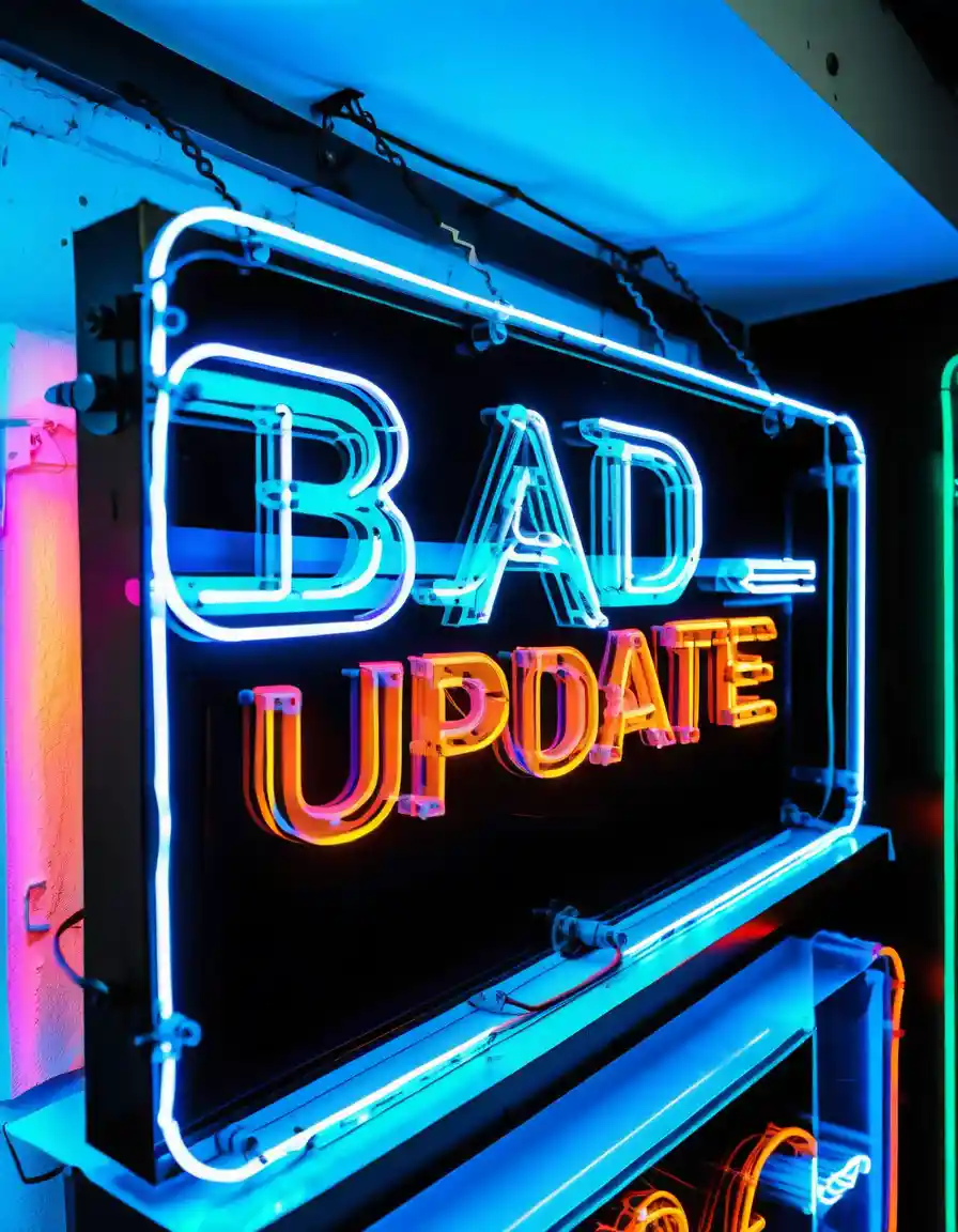 Neon business sign displaying bad update and version number