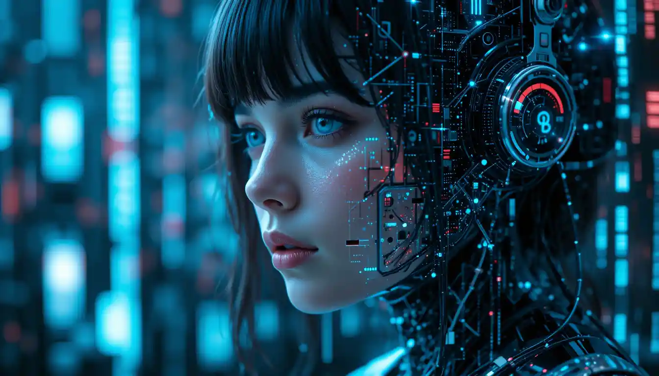 Cyborg girl portrait in glitching digital and real world
