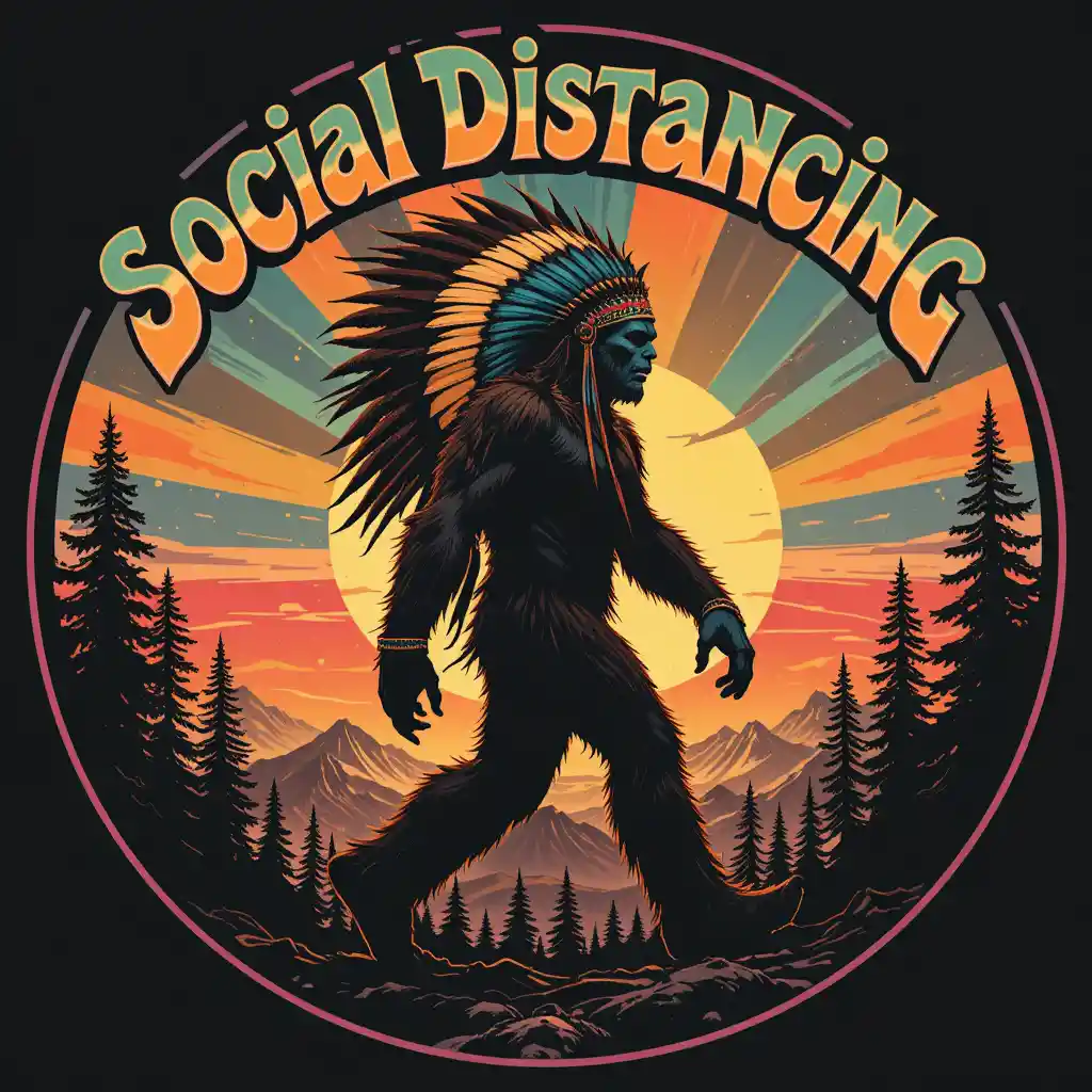 Groovy psychedelic bigfoot with social distancing text