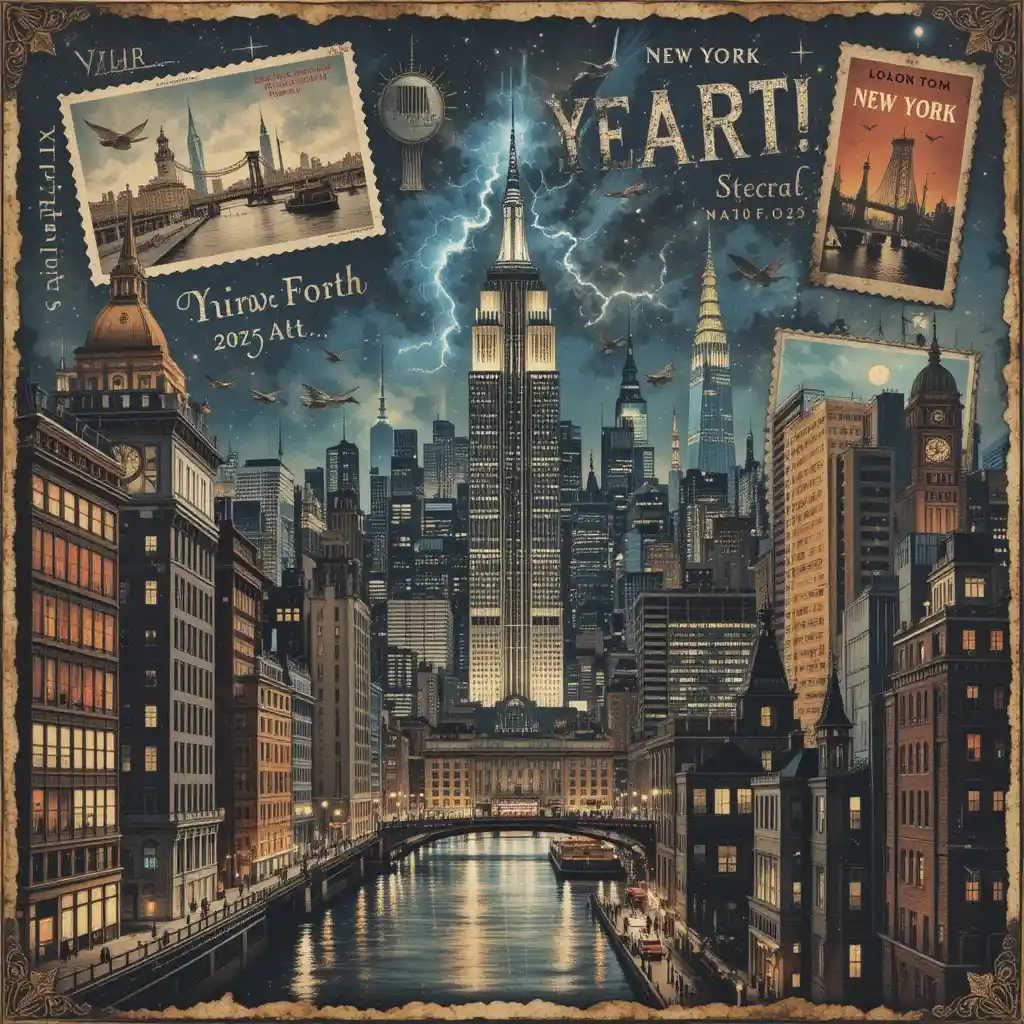Vintage collage of New York travel postcards at night