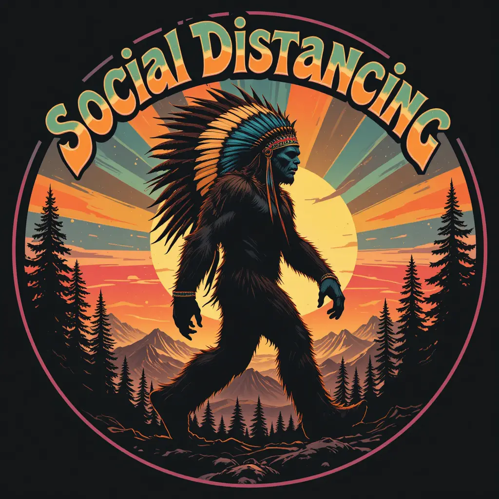 Groovy psychedelic bigfoot with social distancing text