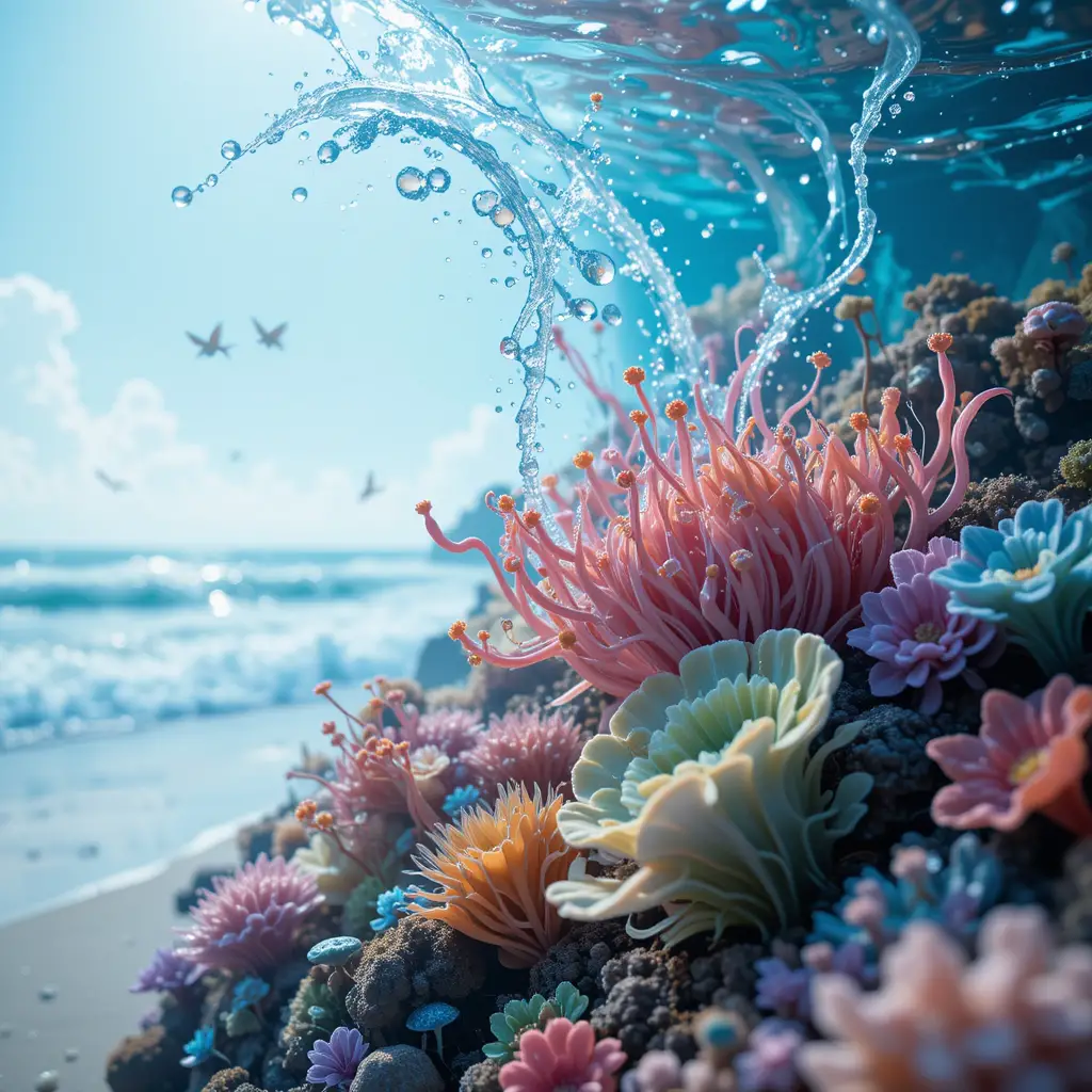 Colorful Seaweed Forms With Flowing Water On Sandy Beach