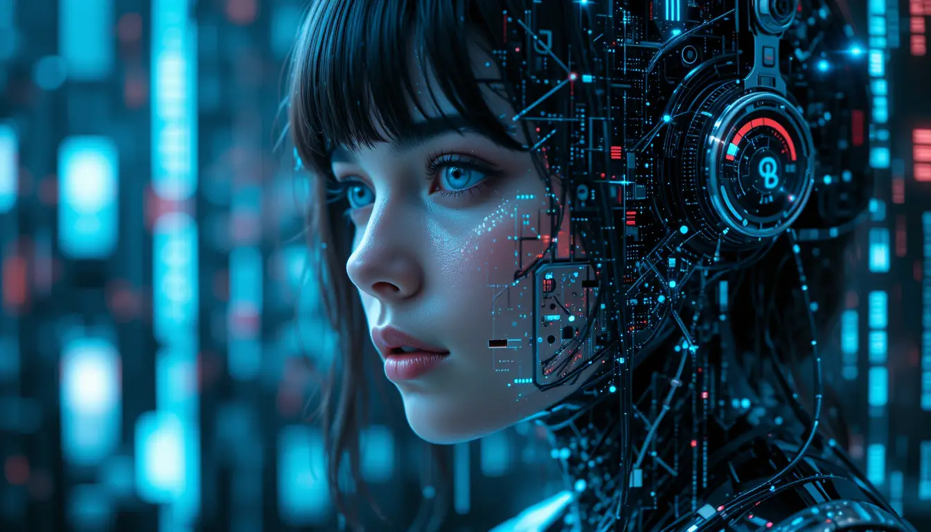 Porträt eines Cyborg-Mädchens zwischen glitschender digitaler und realer Welt