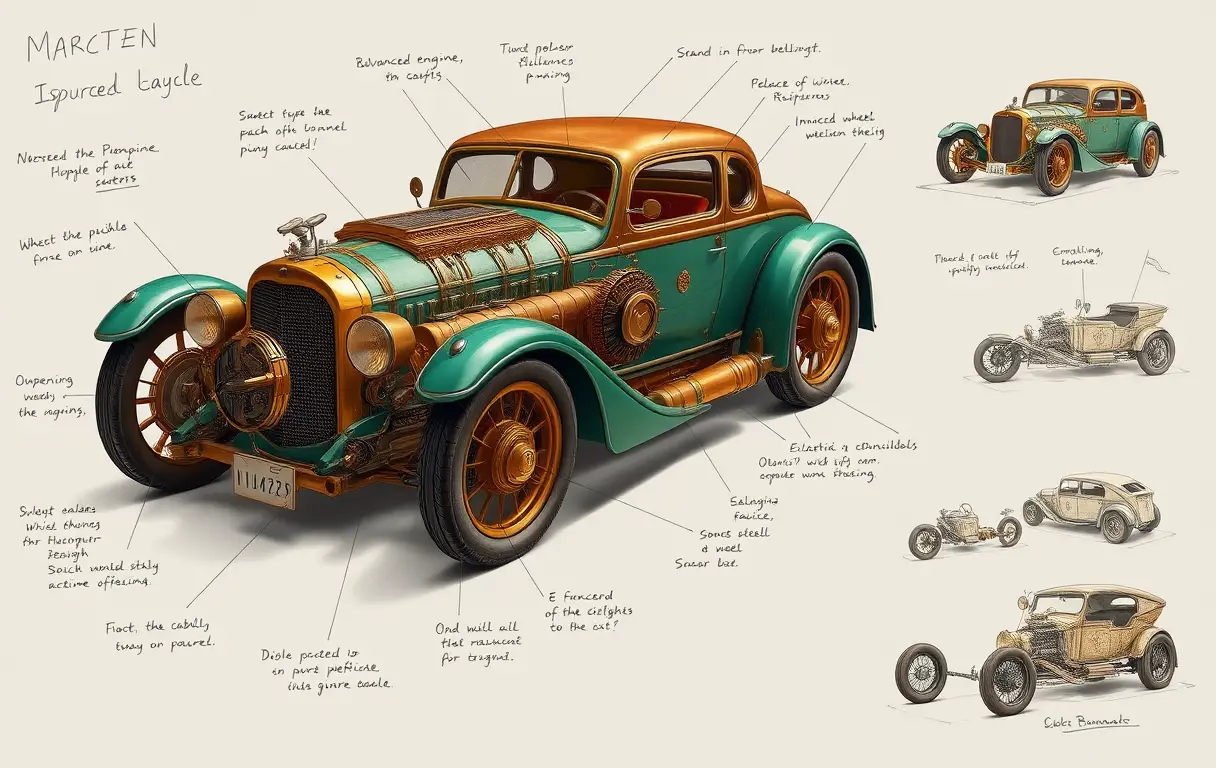 Vintage steampunk car with intricate mechanical details