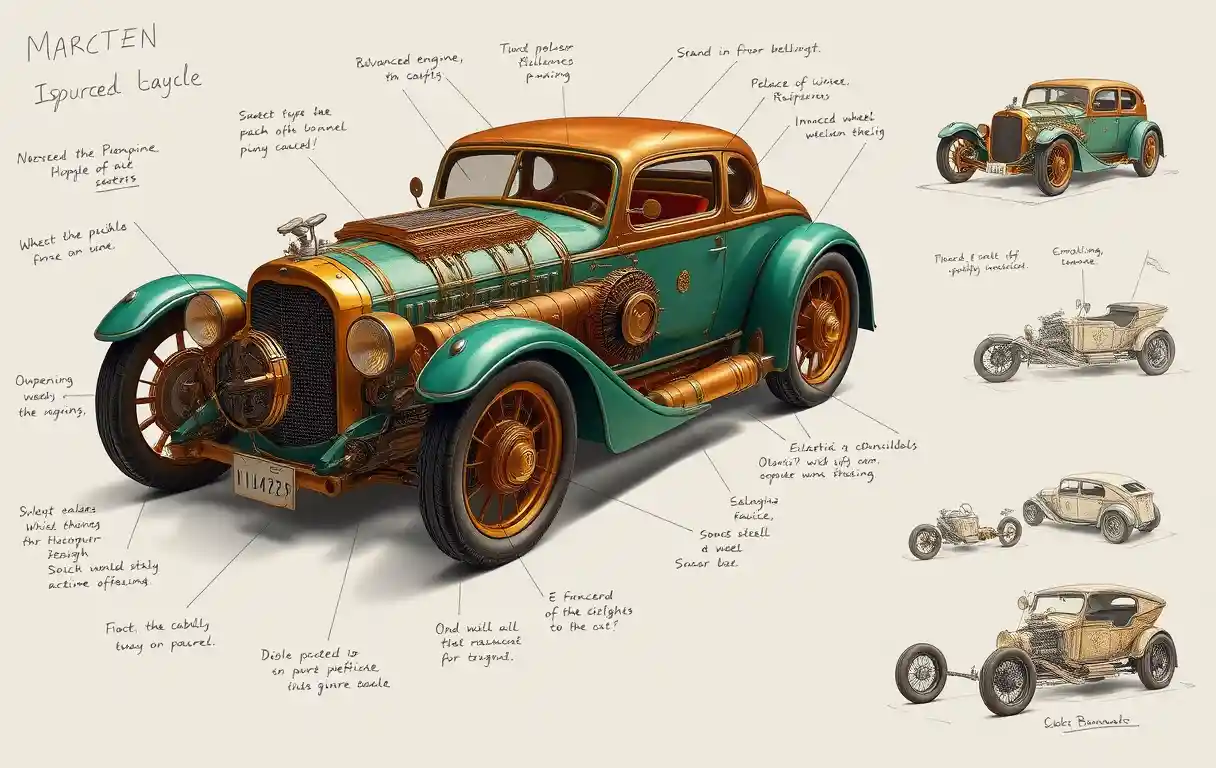 Vintage steampunk car with intricate mechanical details