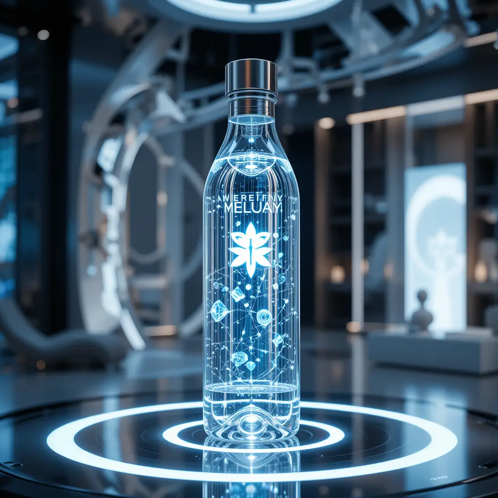 Futuristic crystal water bottle on high tech display platform