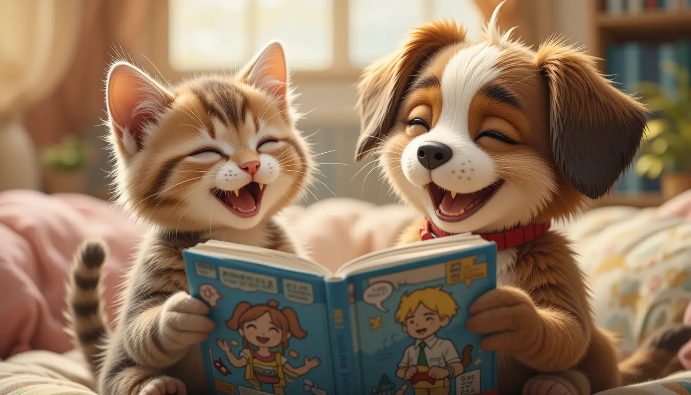 Cute cartoon kitten and puppy laughing over comic book