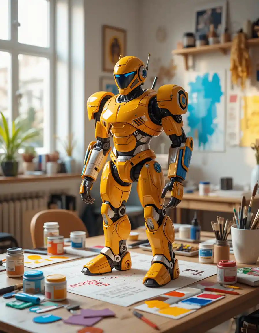Farbenfrohes Roboter‑Modell auf einem kreativen Maltisch