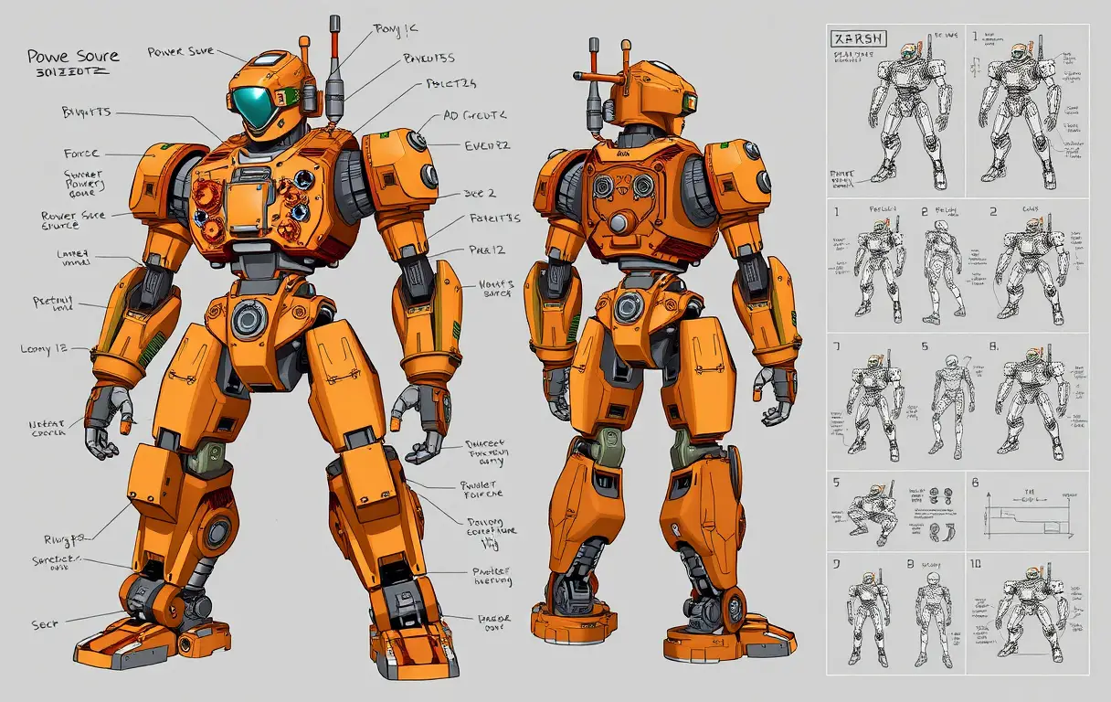 Detailed steampunk humanoid robot technical illustration