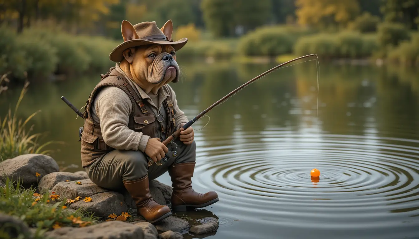 Anthropomorphic bulldog fishing alone at a quiet pond