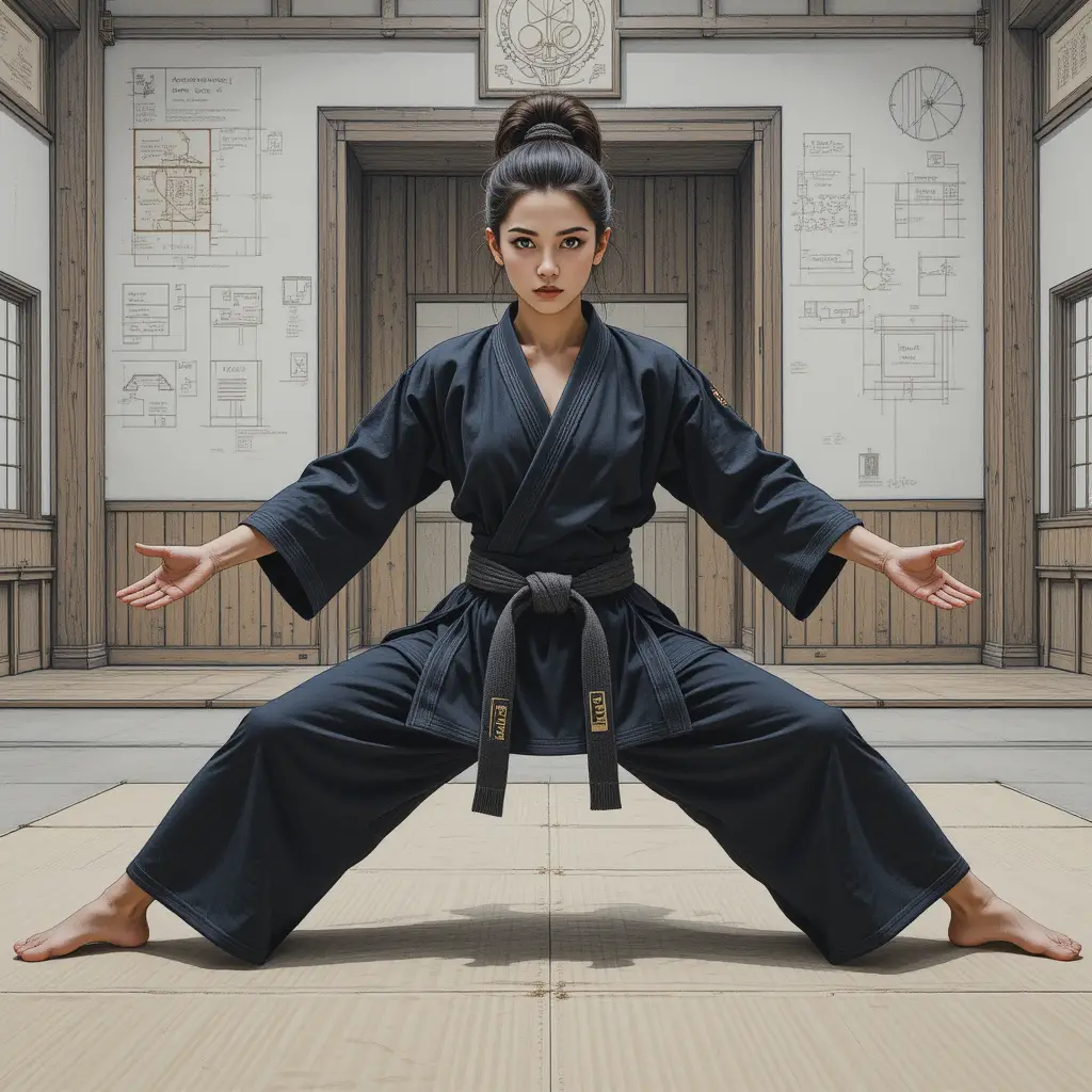 Female judoka stretching in a wide stance inside dojo