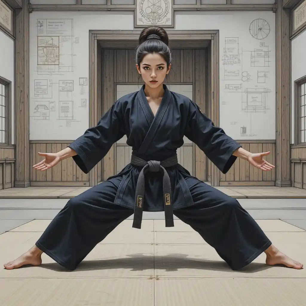 Judokate en grand écart en train de s’étirer dans un dojo
