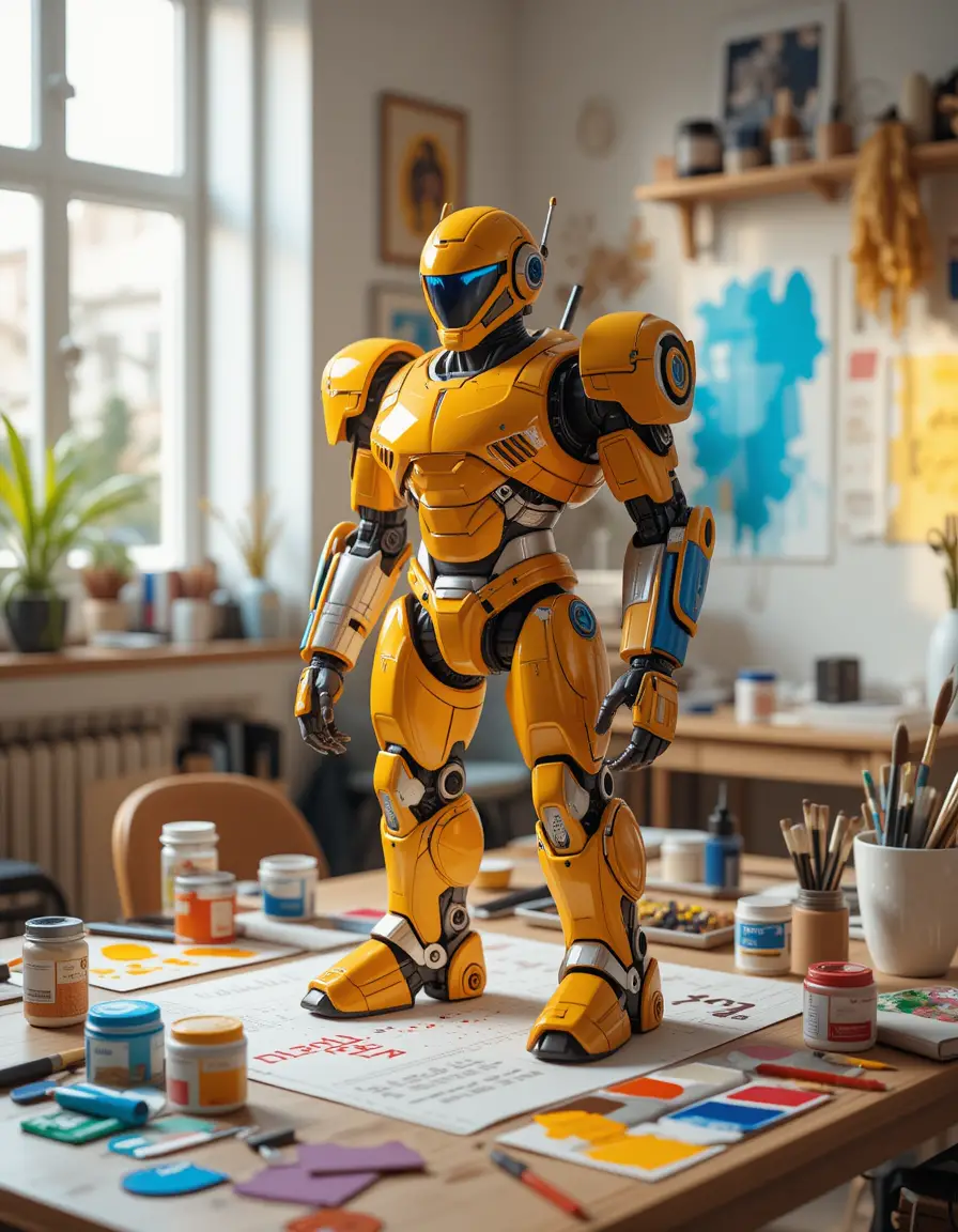Colorful robot model on a creative painting desk