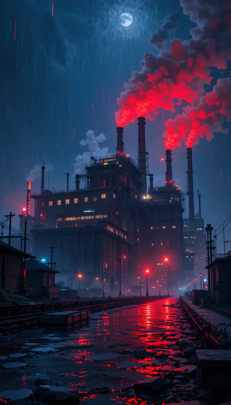 Industrial factory at midnight with red alarm lights