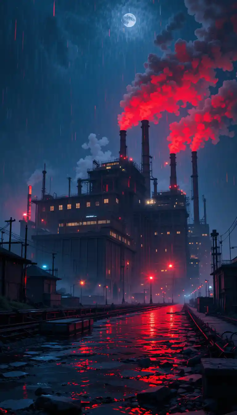 Industrial factory at midnight with red alarm lights