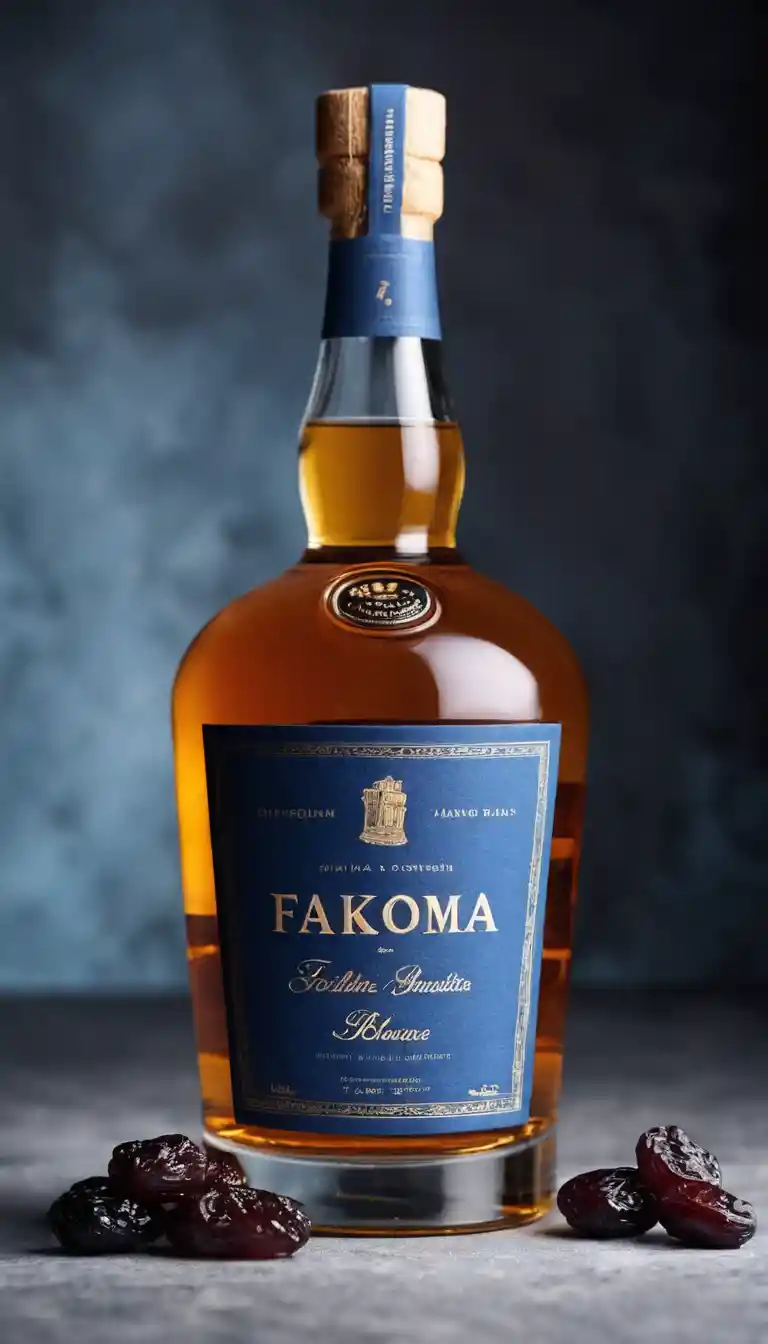 Cinematic whisky bottle with skewers and grapes on blue background