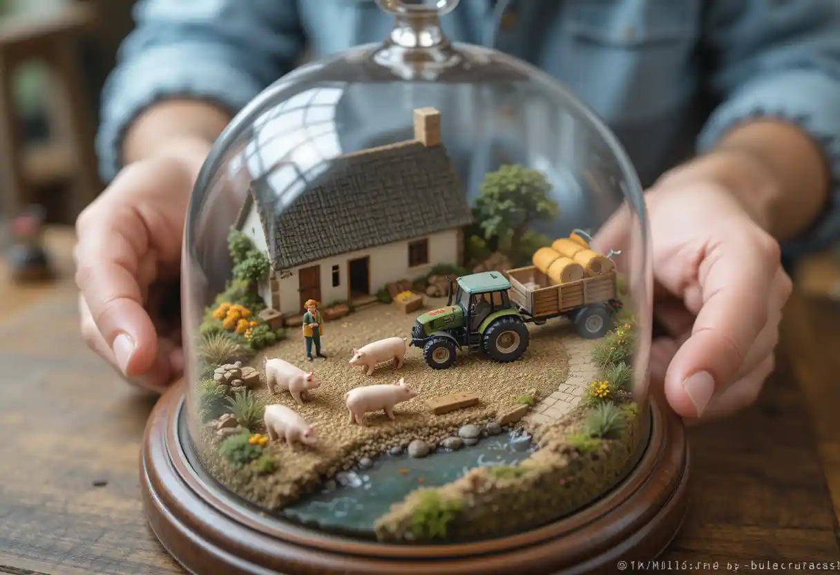 Miniature Breton Farm On Wooden Tray Under Glass Bell