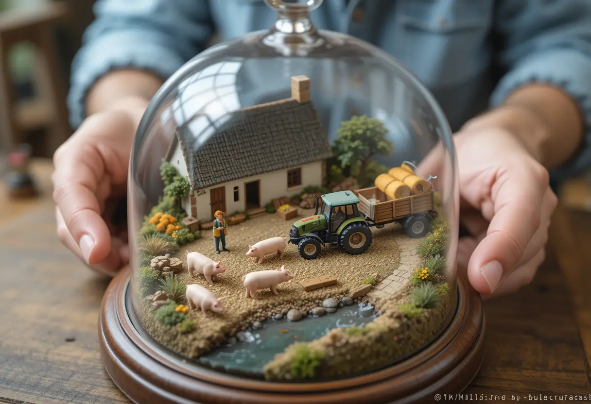 Miniature Breton Farm On Wooden Tray Under Glass Bell