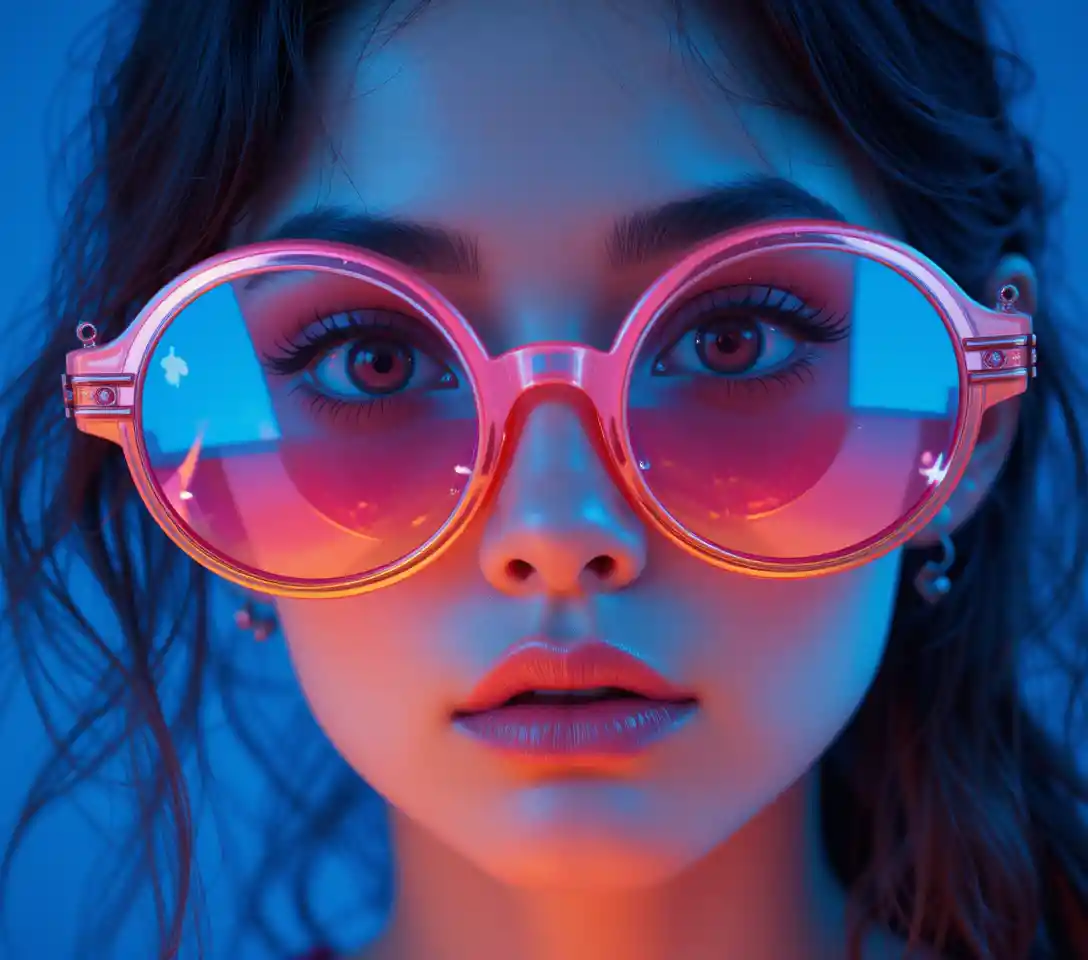 Woman in round sunglasses against deep blue background