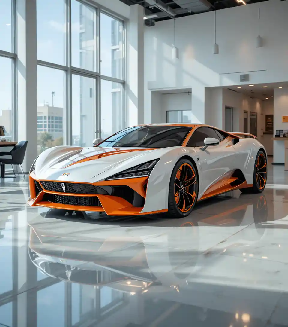 White sports car with orange accents in modern showroom