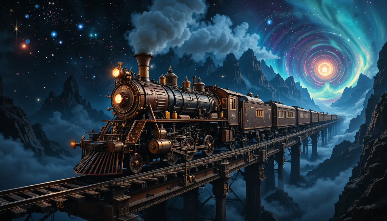 Fantasy steam train flying through a cosmic night sky