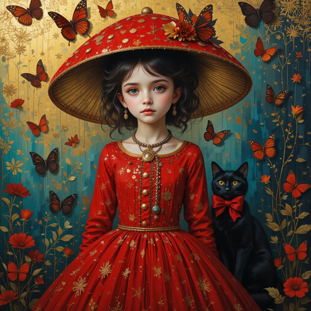 Fantasy girl in red dress with black cat companion