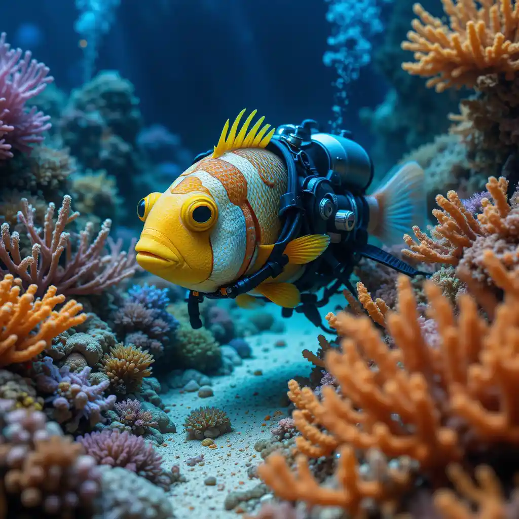 Cartoon fish in a diving suit exploring ocean floor