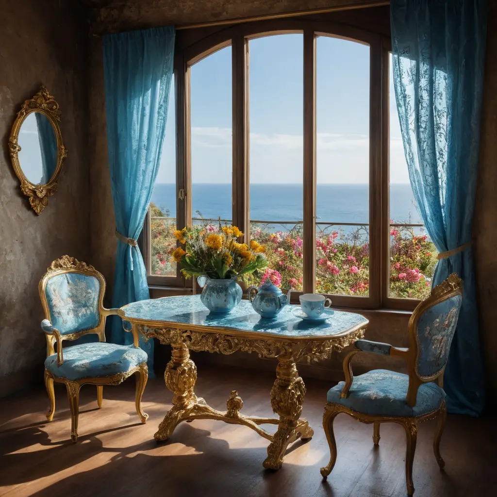 Romantic table with steaming tea and surreal floral vase