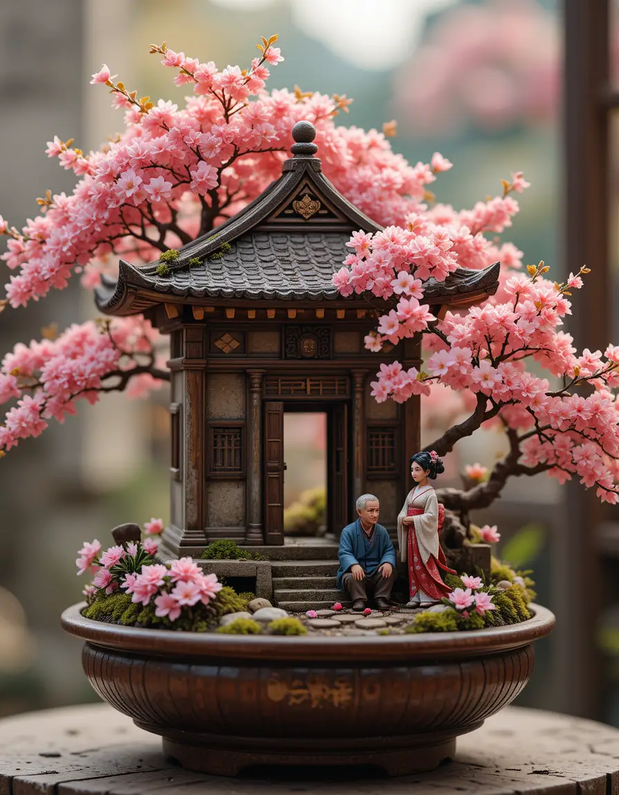 Miniature bonsai landscape with japanese temple in spring