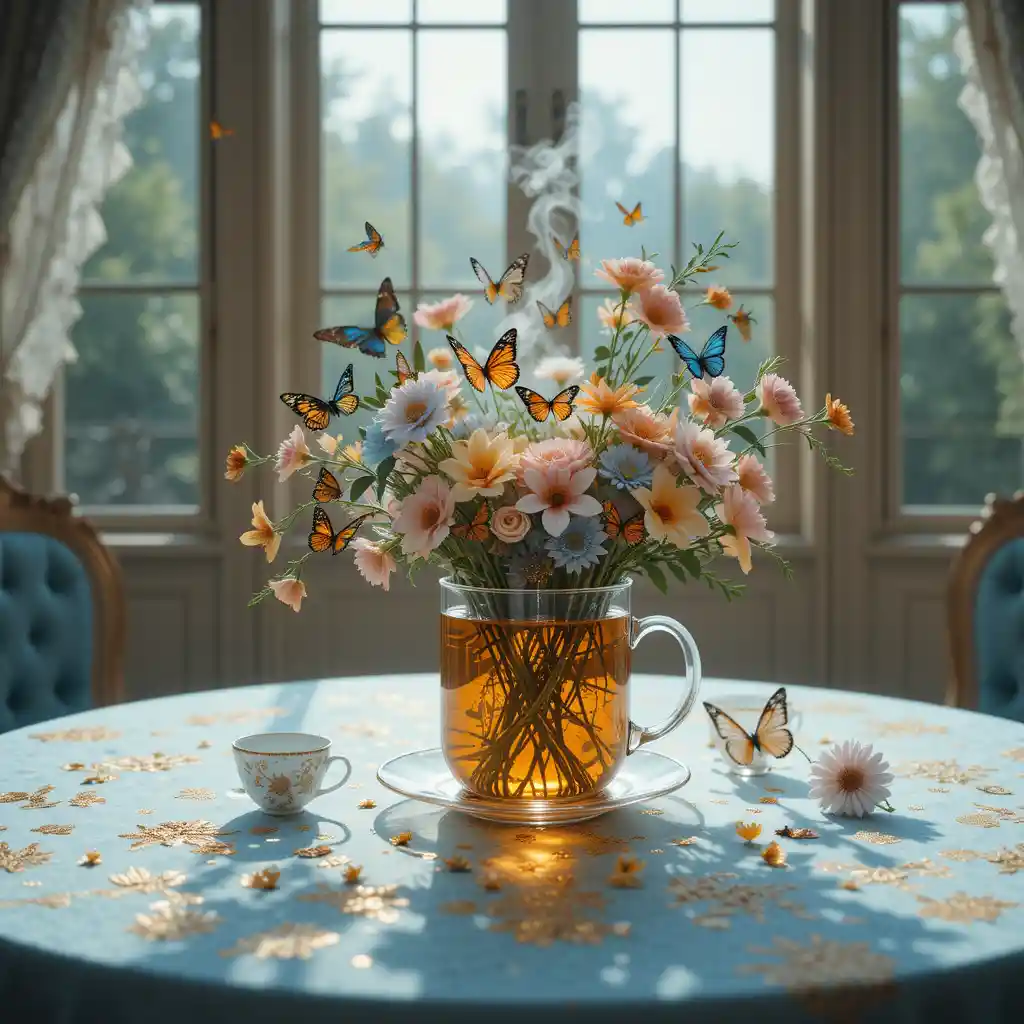 Primer plano romántico de taza de té humeante y flores surrealistas