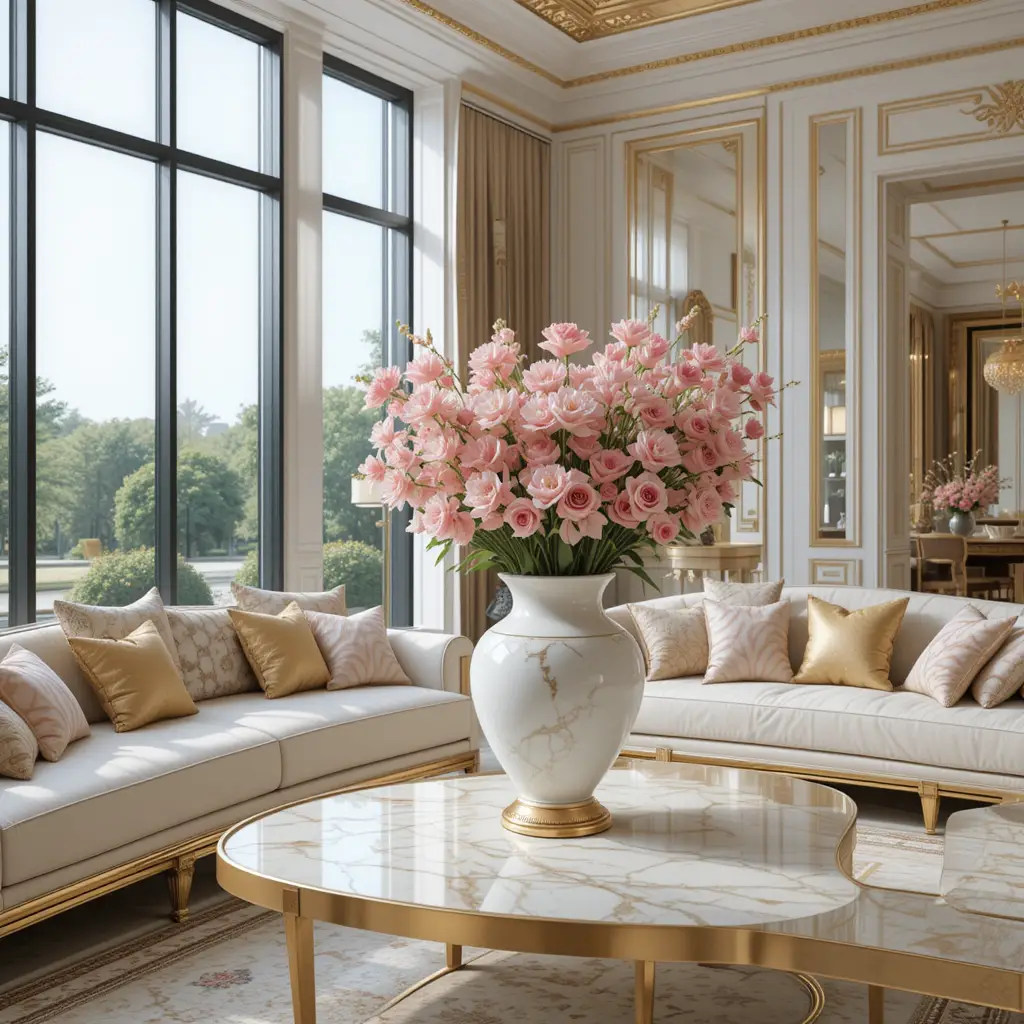 Luxurious marble living room with gold accents and flowers