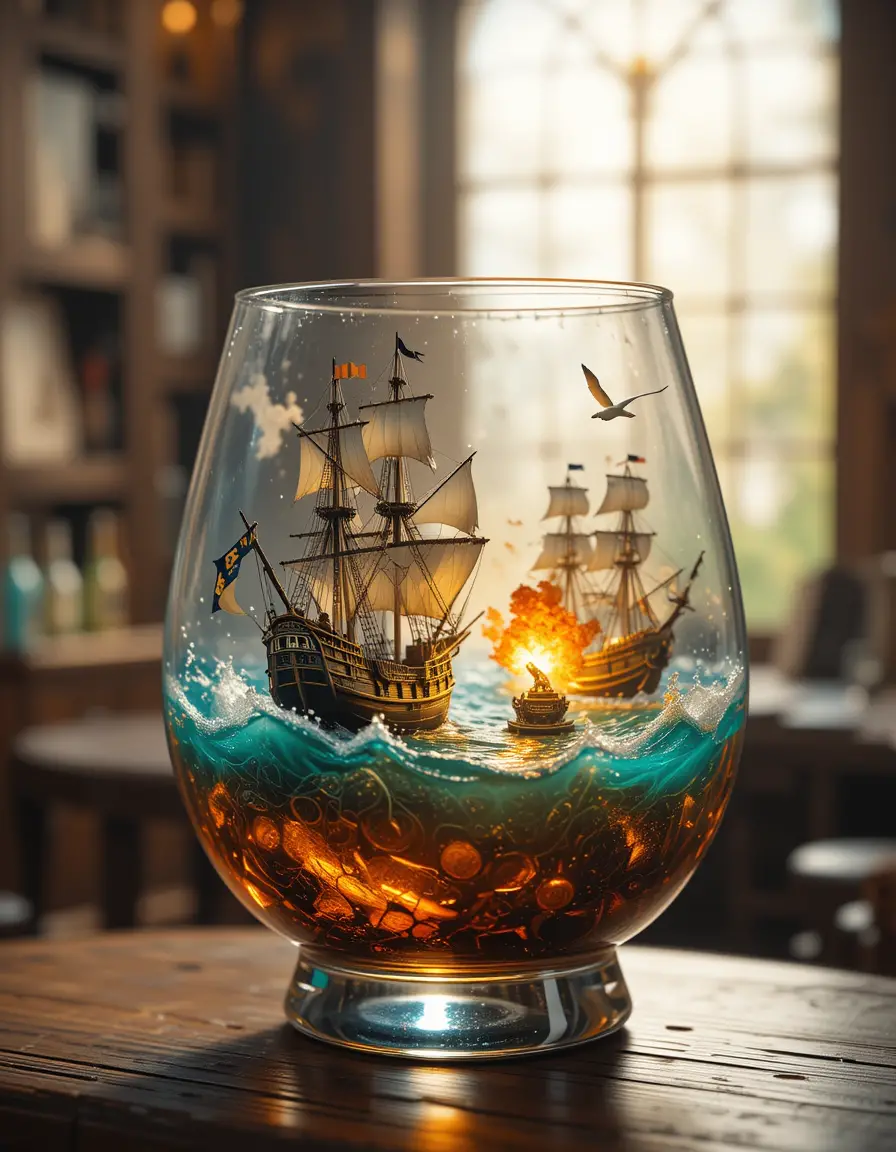 Miniature rum ocean with battling pirate and galleon ships